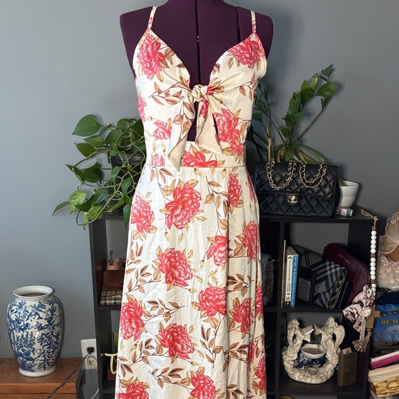 The Unbranded Brand Dresses & Skirts - Floral Tie-Front Midi Dress in Cream and Coral